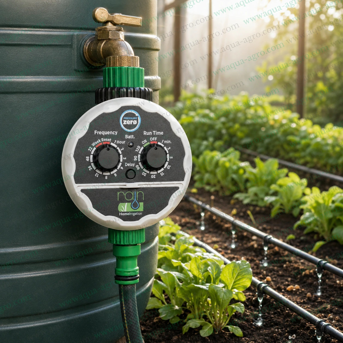RAIN SpA AMICO ZTT-01 zero pressure tap timer installed on water tank for automatic low pressure drip irrigation in vegetable garden