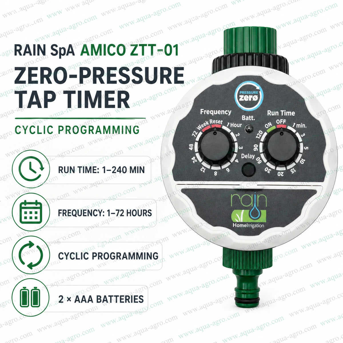 RAIN SpA AMICO ZTT-01 zero pressure battery operated tap timer with cyclic programming for drip irrigation and automatic garden watering