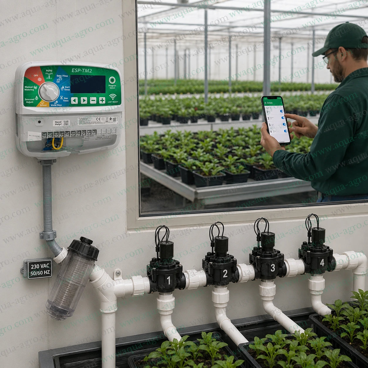 Rain Bird ESP-TM2 4 zone Wi-Fi capable irrigation controller installed in greenhouse with four solenoid valves for automatic plant watering