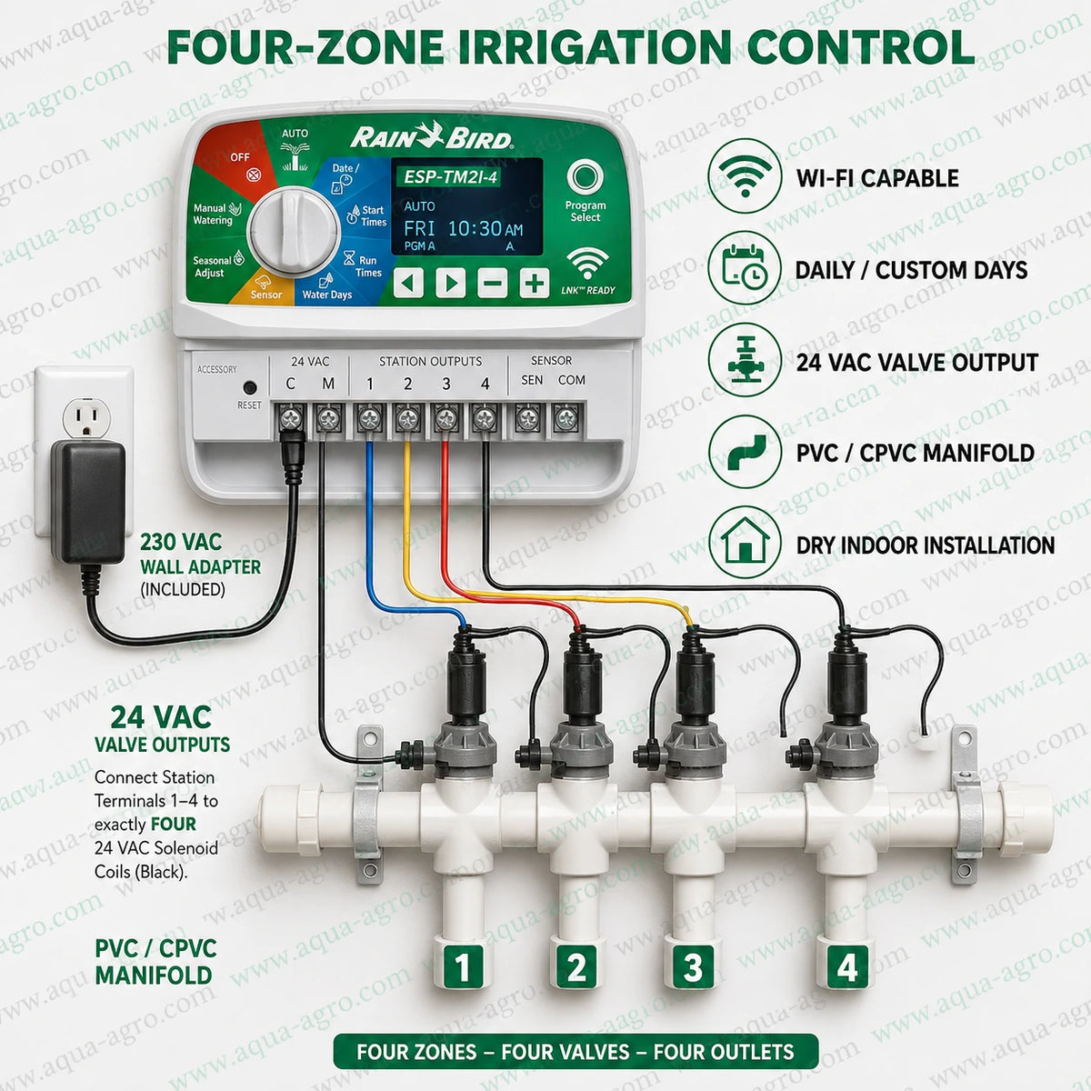 Rain Bird ESP-TM2I-4 4 station indoor irrigation controller with Wi-Fi capability, 24 VAC valve outputs and four-zone automatic watering control