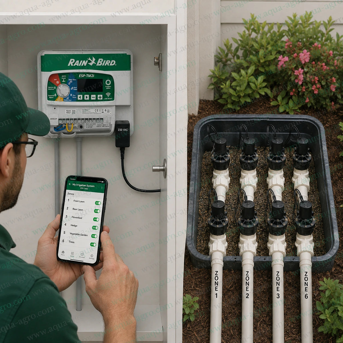 Rain Bird ESP-TM2I-6 230V indoor 6 station irrigation controller with Wi-Fi app control connected to six-zone automatic watering system