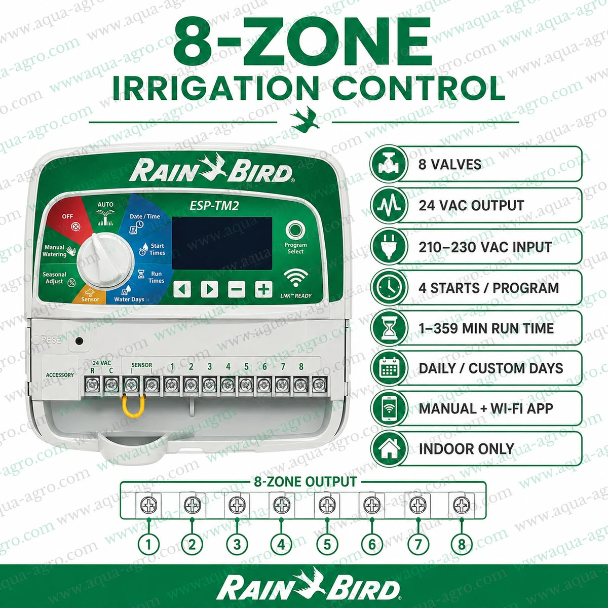 Rain Bird ESP-TM2I-8 8 station indoor irrigation controller with 24 VAC output, Wi-Fi app control and automatic eight-zone watering