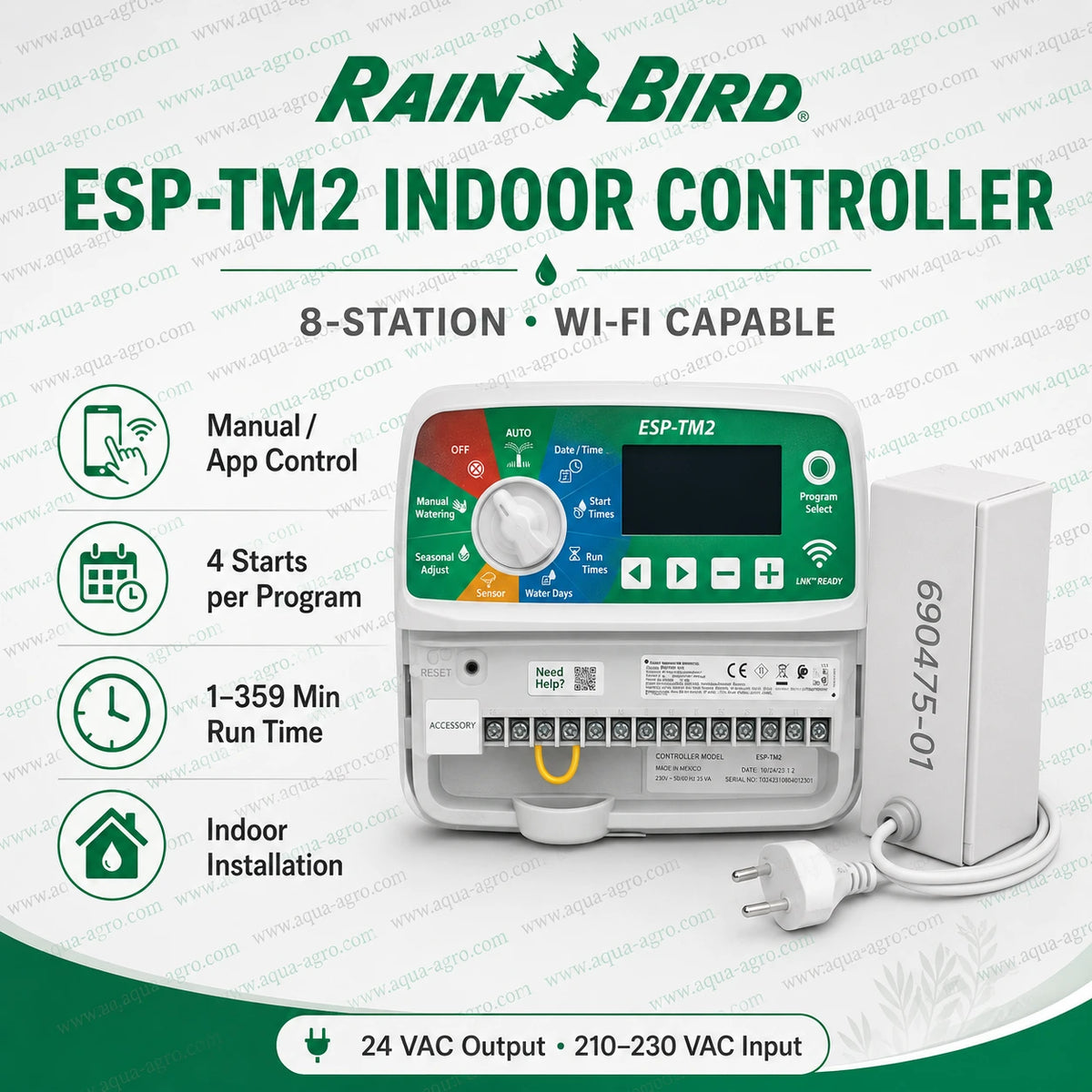Rain Bird ESP-TM2I-8-230V indoor 8 station irrigation automation controller with Wi-Fi capability, 210-230 VAC input and 24 VAC valve output