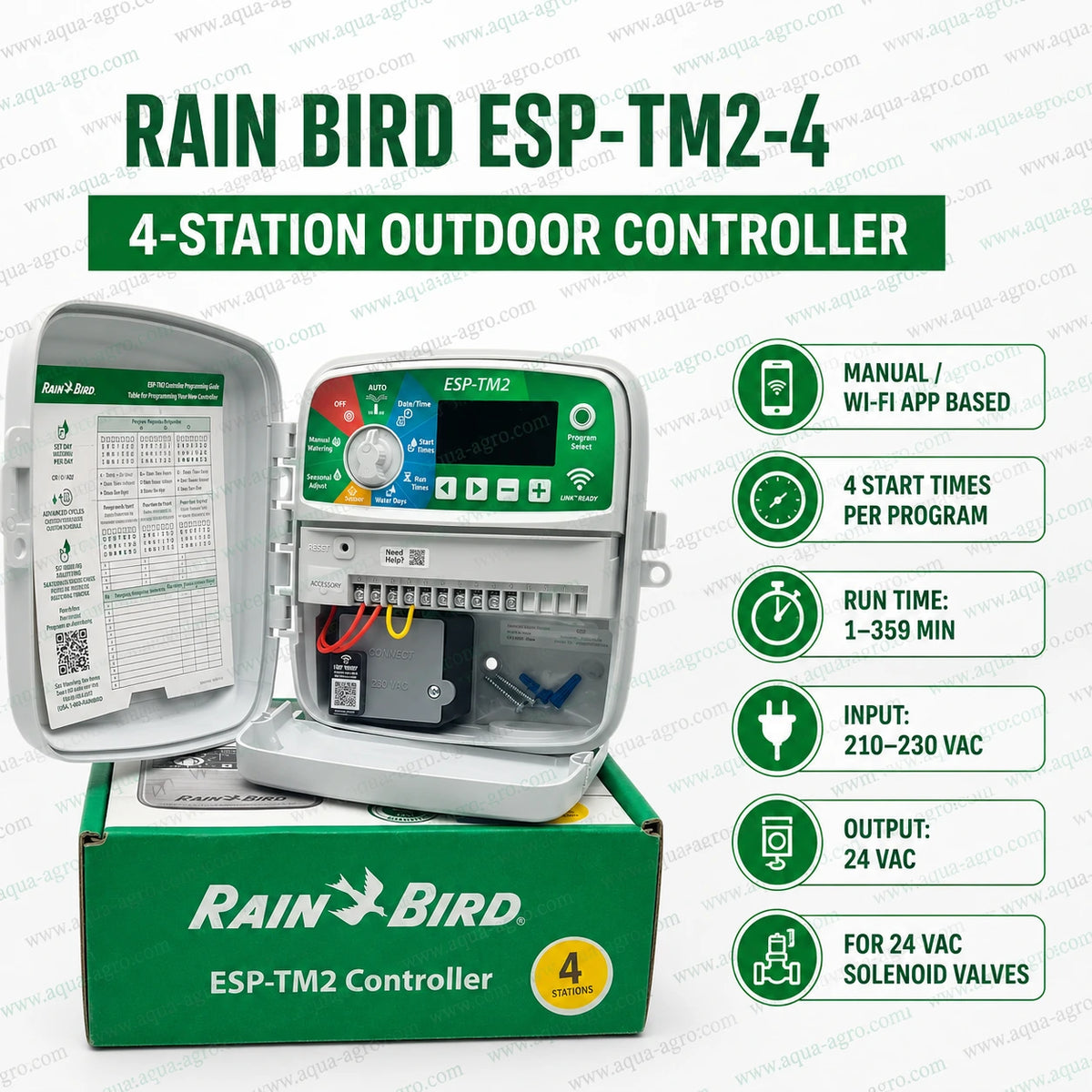 Rain Bird ESP-TM2-4-230V 4 station outdoor irrigation automation controller with Wi-Fi app control, 24 VAC solenoid valve output and weather-resistant enclosure