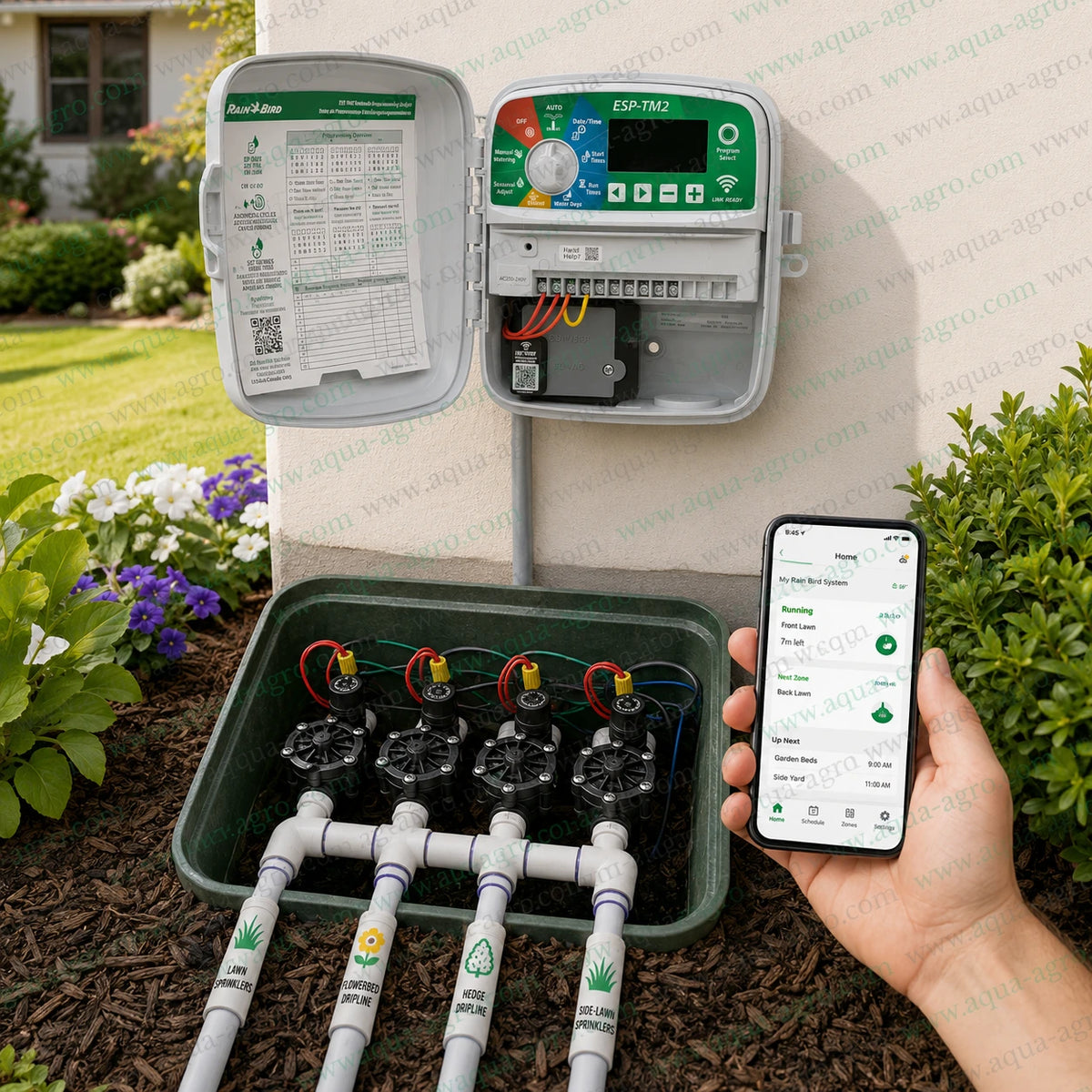 Rain Bird ESP-TM2-4 outdoor 4 station irrigation controller installed with four solenoid valves and Wi-Fi app control for automatic garden watering