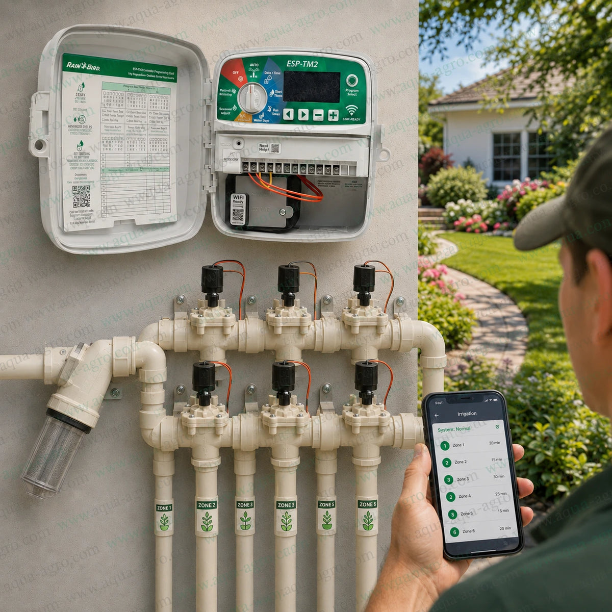 Rain Bird ESP-TM2-6 outdoor irrigation controller installed with six solenoid valve zones and smartphone Wi-Fi control for automatic garden irrigation