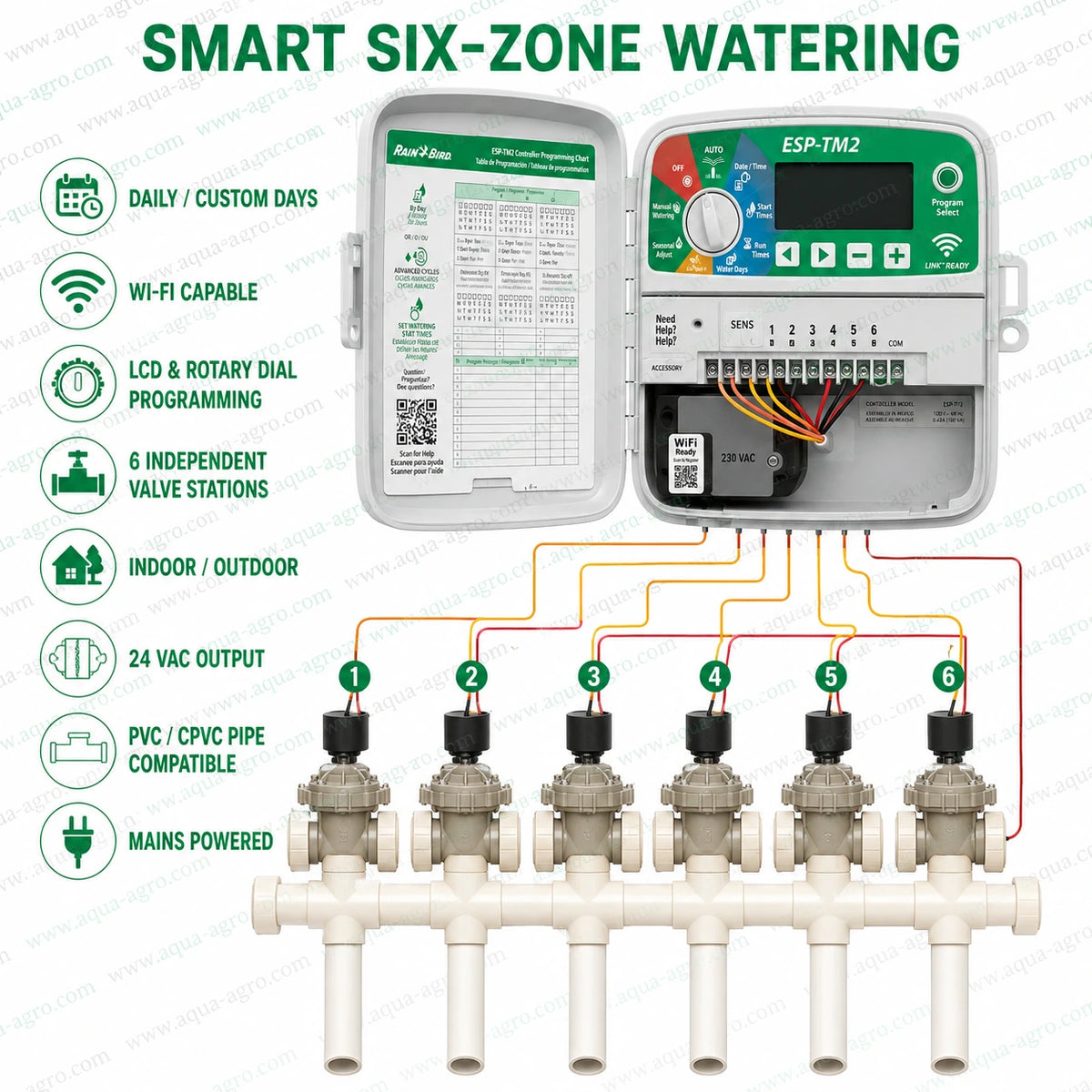 Rain Bird ESP-TM2-6 6 station outdoor irrigation automation controller with six independent valve stations, Wi-Fi control and 24 VAC solenoid valve output