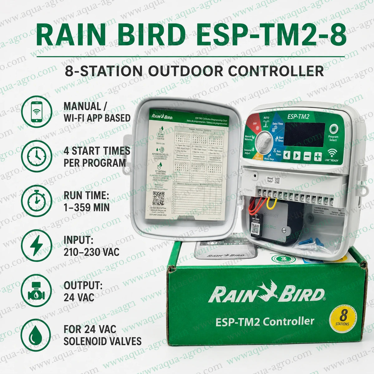Rain Bird ESP-TM2-8 outdoor 8 station irrigation automation controller with 210-230 VAC input, 24 VAC output and Wi-Fi app capability
