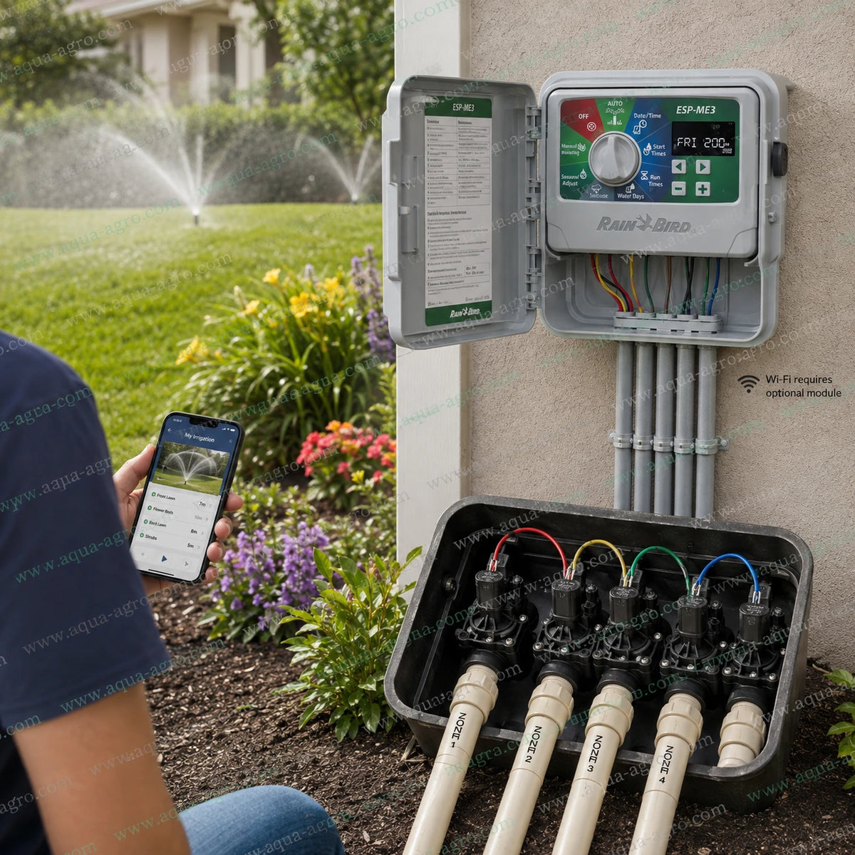 Rain Bird ESP-ME3 Wi-Fi capable irrigation controller installed with multi-zone solenoid valves for automatic lawn garden and landscape sprinkler irrigation control