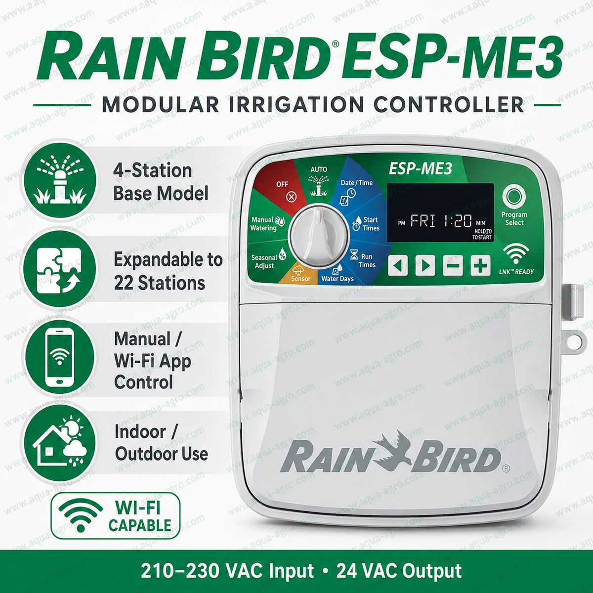 Rain Bird ESP-ME3 modular irrigation controller with 4 station base expandable to 22 stations, Wi-Fi app control and 24VAC output for sprinkler automation