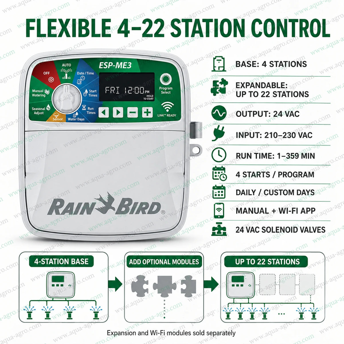 Rain Bird ESP-ME3 ESP-4-ME-3EUR modular irrigation controller 4 station base model expandable up to 22 stations with 24VAC output and Wi-Fi capability