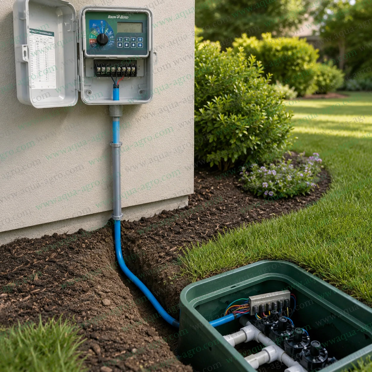 Rain Bird 14/2 AWG 2.5 sq mm dual core direct burial Maxi Cable connecting irrigation controller to underground solenoid valve automation system