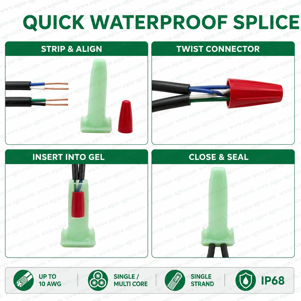Rain Bird WCUL100 DBWR direct burial gel wire connector installation showing strip, twist, insert and seal steps for waterproof irrigation wiring