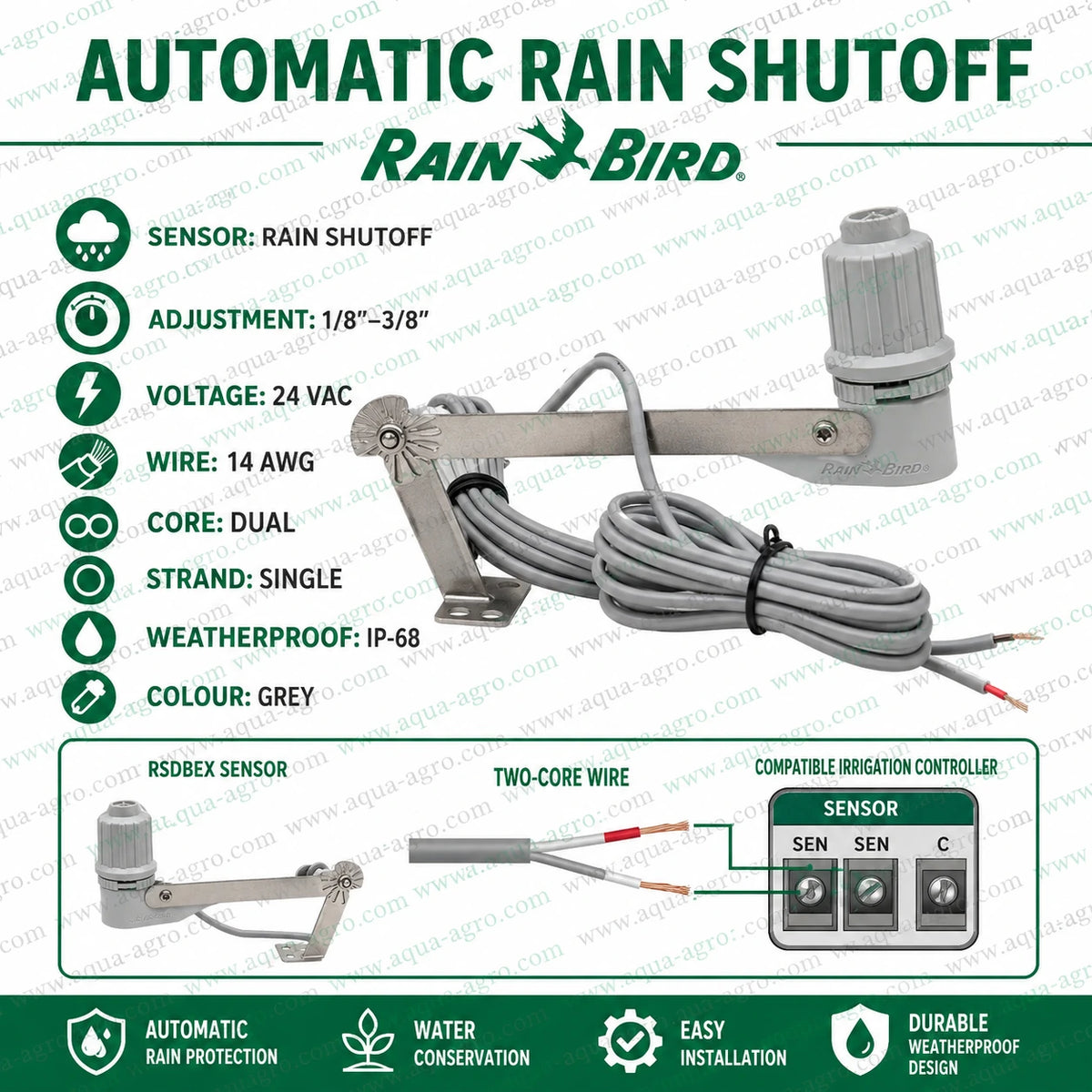 Rain Bird RSDBEX automatic rain shutoff sensor with adjustable rainfall setting, two-core wire and bracket for irrigation controllers
