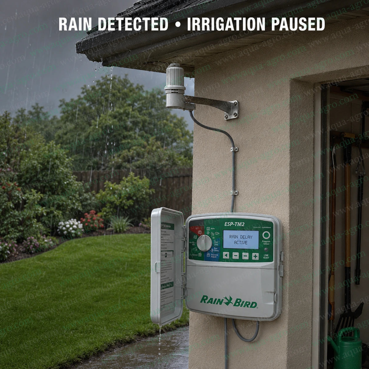 Rain Bird RSDBEX wired rain sensor installed outdoors with ESP-TM2 irrigation controller for automatic sprinkler shutoff during rainfall