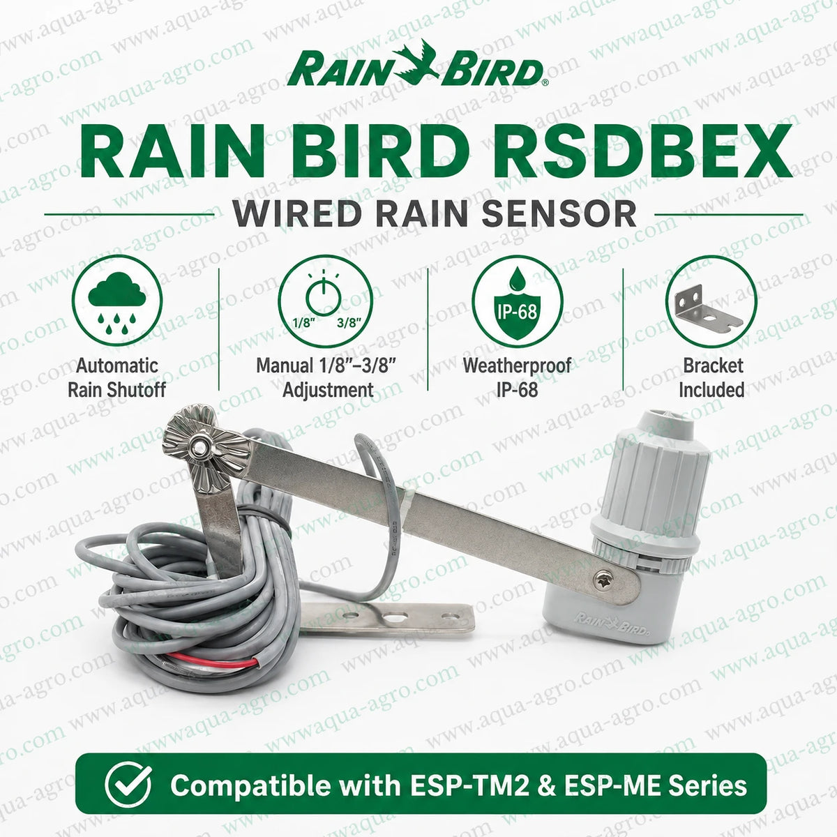 Rain Bird RSDBEX wired rain sensor with mounting bracket for automatic irrigation rain shutoff compatible with ESP-TM2 and ESP-ME controllers