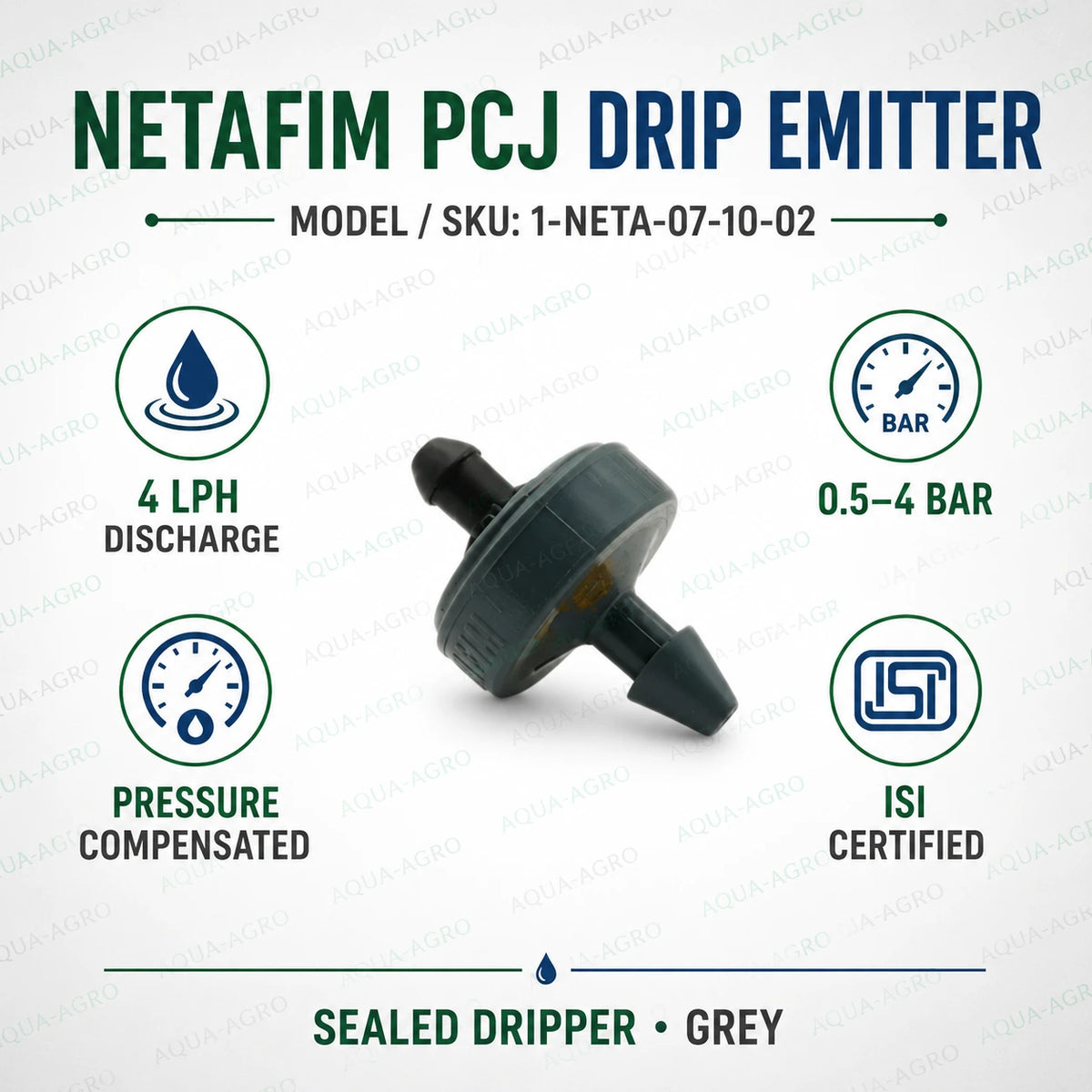 NETAFIM PCJ 4 LPH pressure compensated sealed grey drip emitter, ISI certified dripper for agricultural irrigation systems