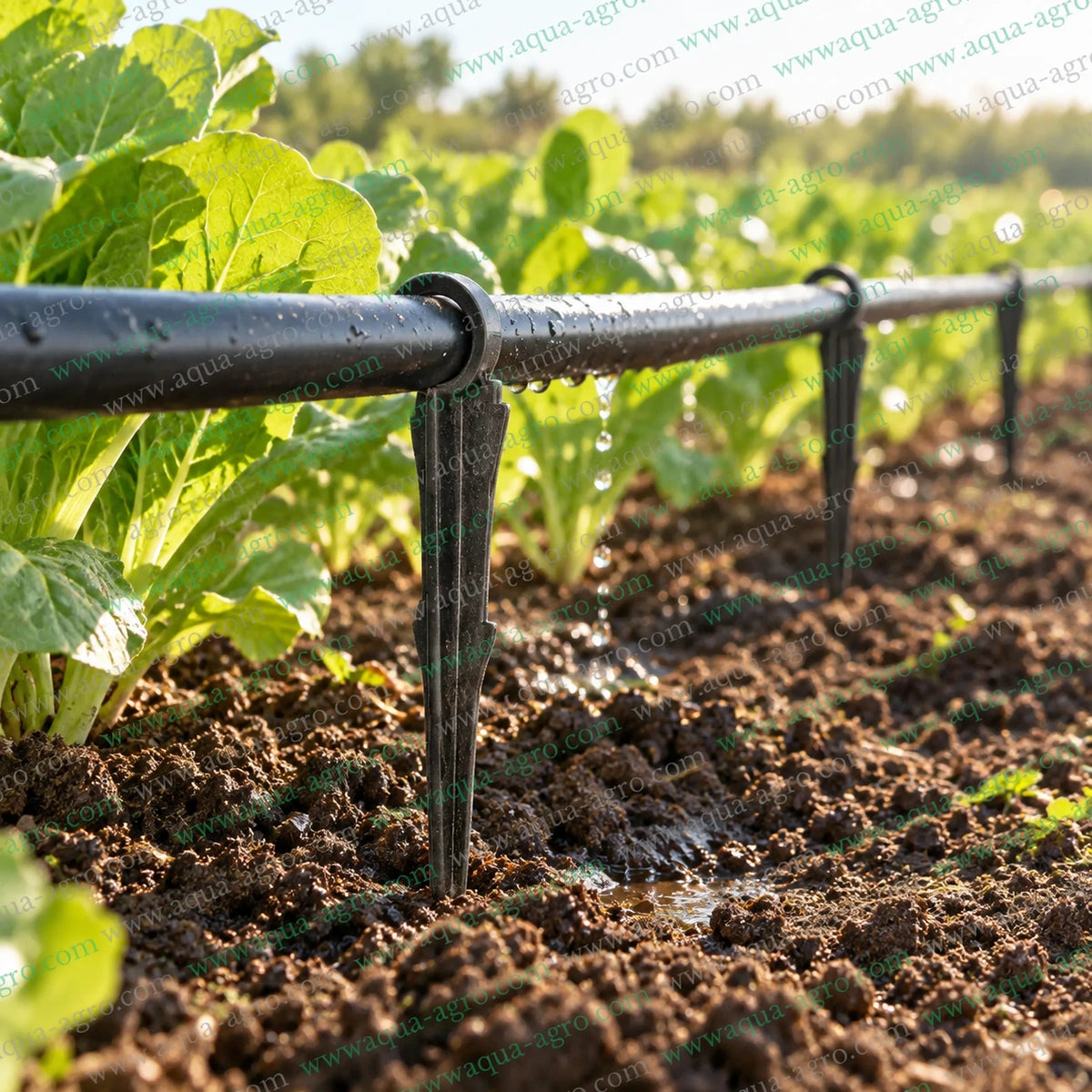 AQUA AGRO 16mm drip tube support stake ground clamp with C hook securing drip irrigation pipe in agricultural field