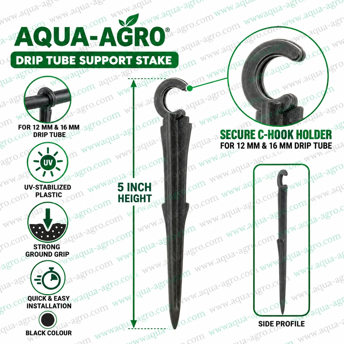 AQUA AGRO 16mm drip tube support stake with C hook UV stabilised black plastic ground clamp for 12mm and 16mm drip irrigation pipe