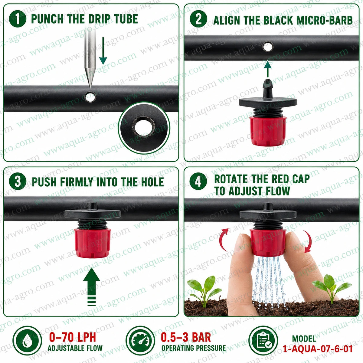 AQUA-AGRO adjustable drip emitter installation guide with 4mm micro-barb inlet, red flow-control cap and 0–70 LPH adjustable water flow