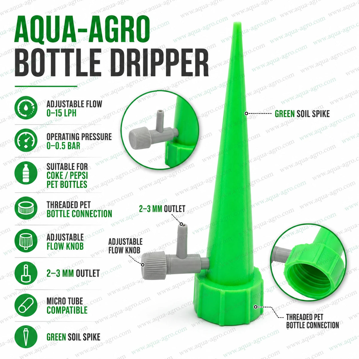 AQUA-AGRO adjustable bottle dripper 0–15 LPH with green soil spike, flow control knob, micro tube outlet and threaded PET bottle connection