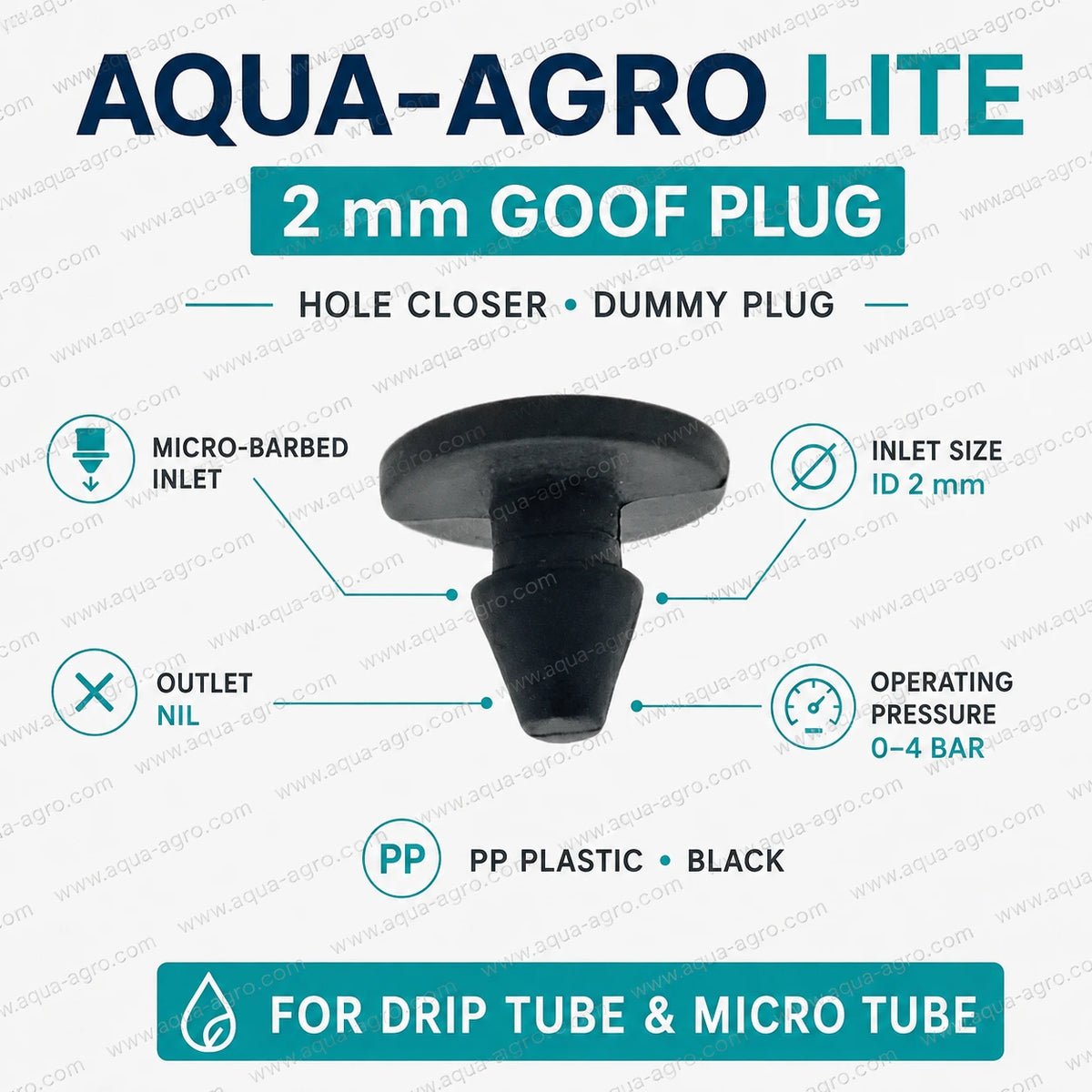 AQUA-AGRO Lite 2mm black goof plug with micro barbed tip, PP plastic dummy plug and hole closer for drip irrigation