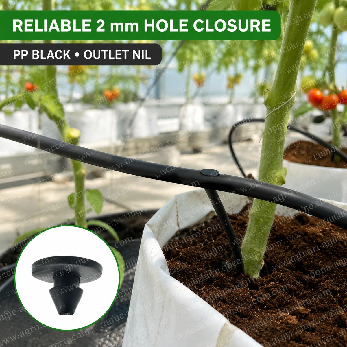 AQUA-AGRO 2mm goof plug installed on drip irrigation tube for reliable sealing of unused punched holes