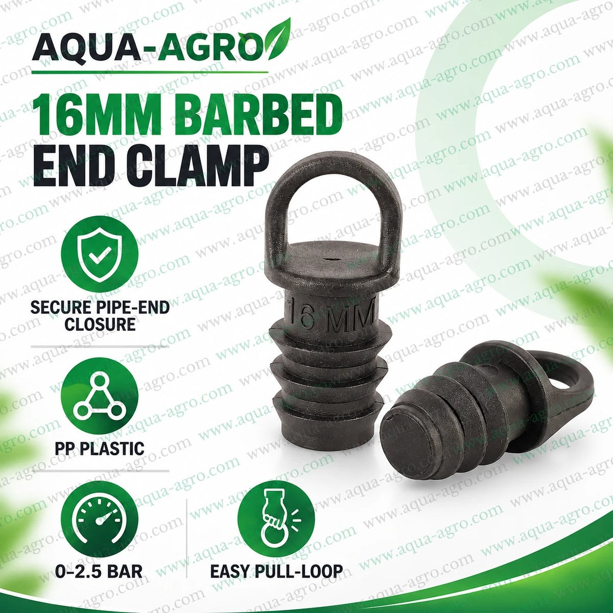 AQUA-AGRO 16mm barbed end clamp with three-rib grip and easy pull loop made from black PP plastic for drip irrigation pipe end closure, suitable for 0–2.5 bar operating pressure