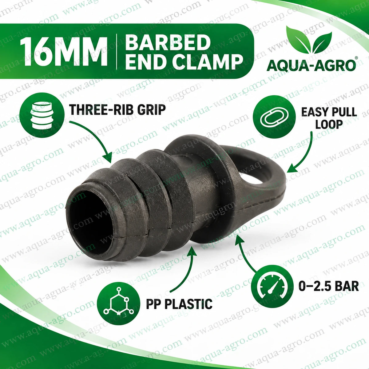 AQUA-AGRO 16mm barbed end clamp product infographic highlighting its three-rib grip, easy pull loop PP plastic construction and 0–2.5 bar operating pressure for drip irrigation applications