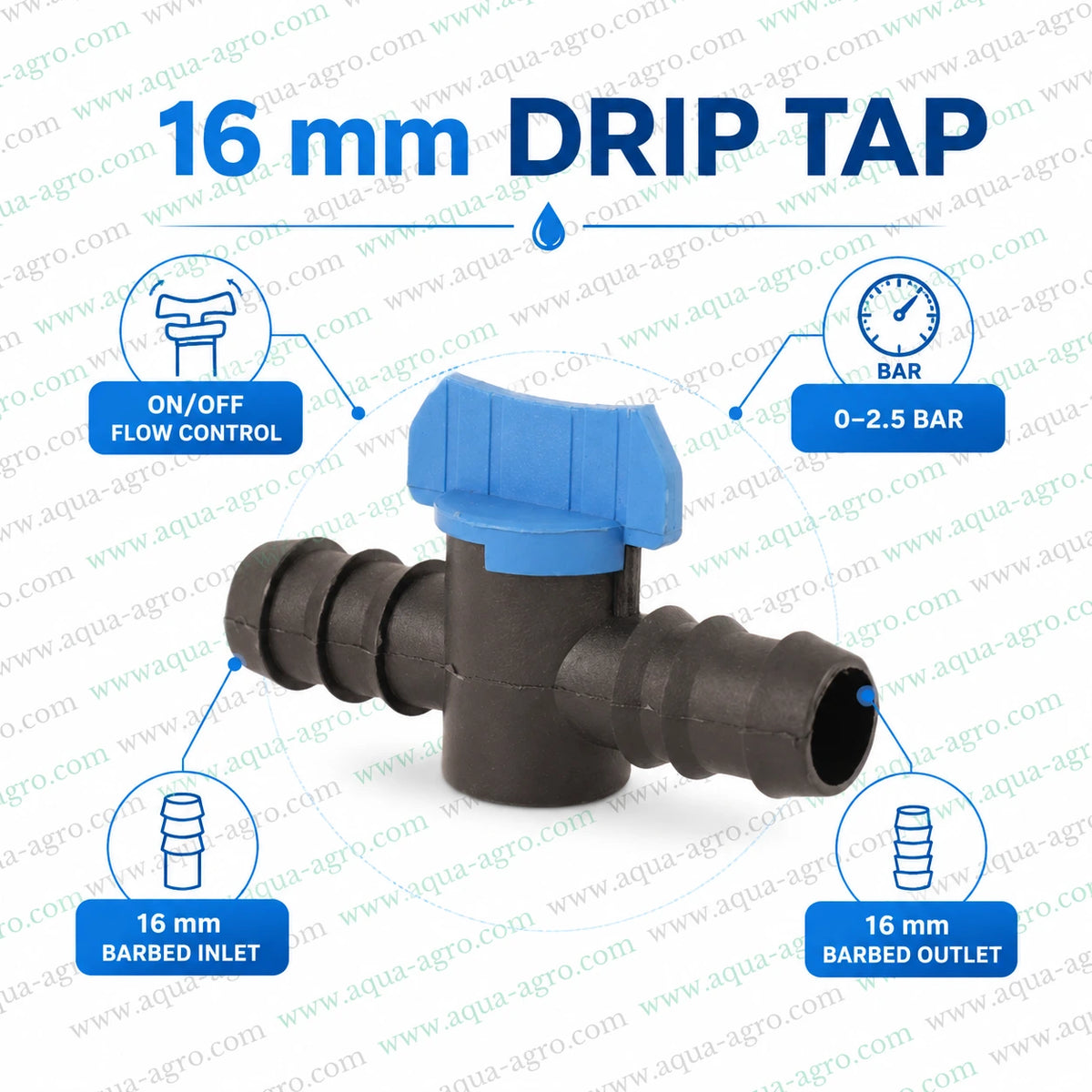 AQUA-AGRO 16mm drip irrigation tap Lite Series with blue wing handle and 16mm barbed inlet and outlet for inline water flow control in garden and agricultural irrigation systems