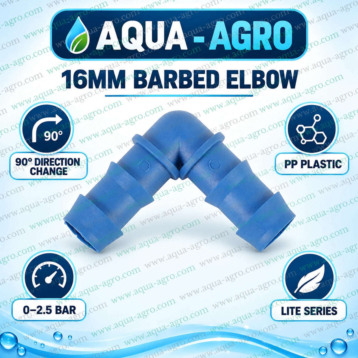 AQUA-AGRO 16mm barbed elbow connector Lite Series for 90 degree direction change in drip irrigation pipelines made from durable blue PP plastic with 0 to 2.5 bar operating pressure