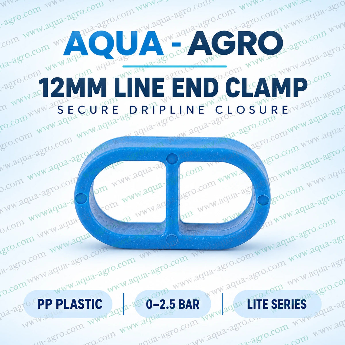 AQUA-AGRO Lite 12mm drip irrigation line end clamp made from blue PP plastic for secure drip lateral pipe closure with 0 to 2.5 bar operating pressure