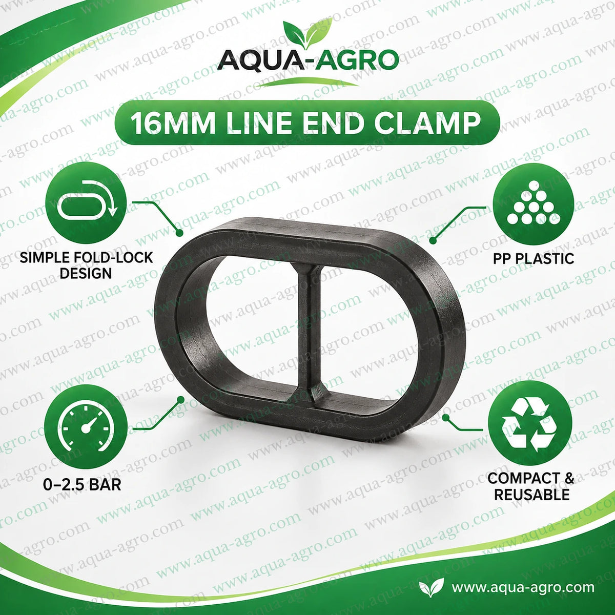 AQUA-AGRO Lite 16mm black PP plastic line end clamp featuring simple fold lock design for secure drip irrigation pipe closure with 0 to 2.5 bar operating pressure