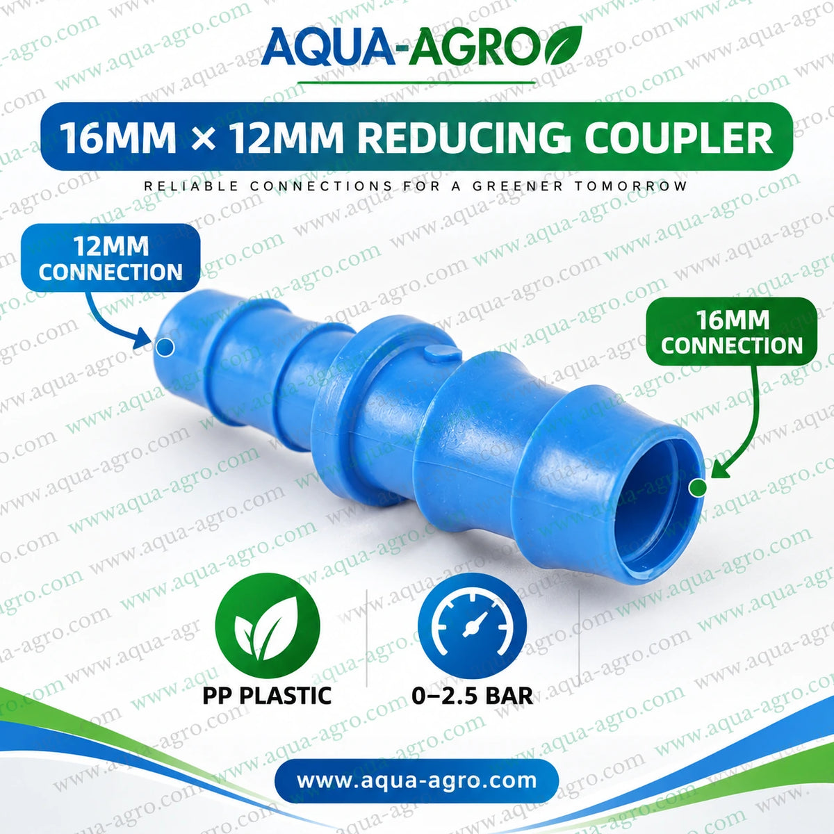 AQUA-AGRO blue PP plastic 16mm x 12mm reducing coupler with barbed connections and 0 to 2.5 bar operating pressure