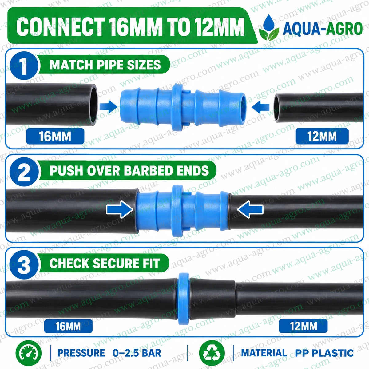 Step by step installation guide for AQUA-AGRO 16mm to 12mm reducing barbed joiner for drip irrigation pipe connections