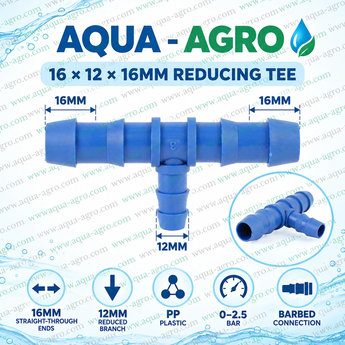 AQUA AGRO Lite reducing tee 16mm x 12mm x 16mm blue PP plastic barbed fitting with two 16mm straight connections and one 12mm reduced branch for drip irrigation systems