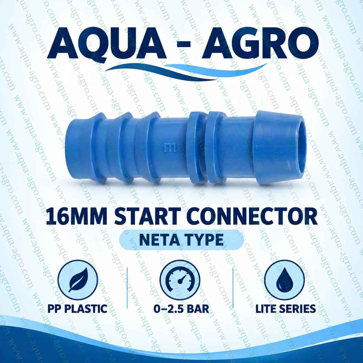 AQUA AGRO 16mm Neta type blue PP plastic barbed start connector Lite series with 0 to 2.5 bar operating pressure