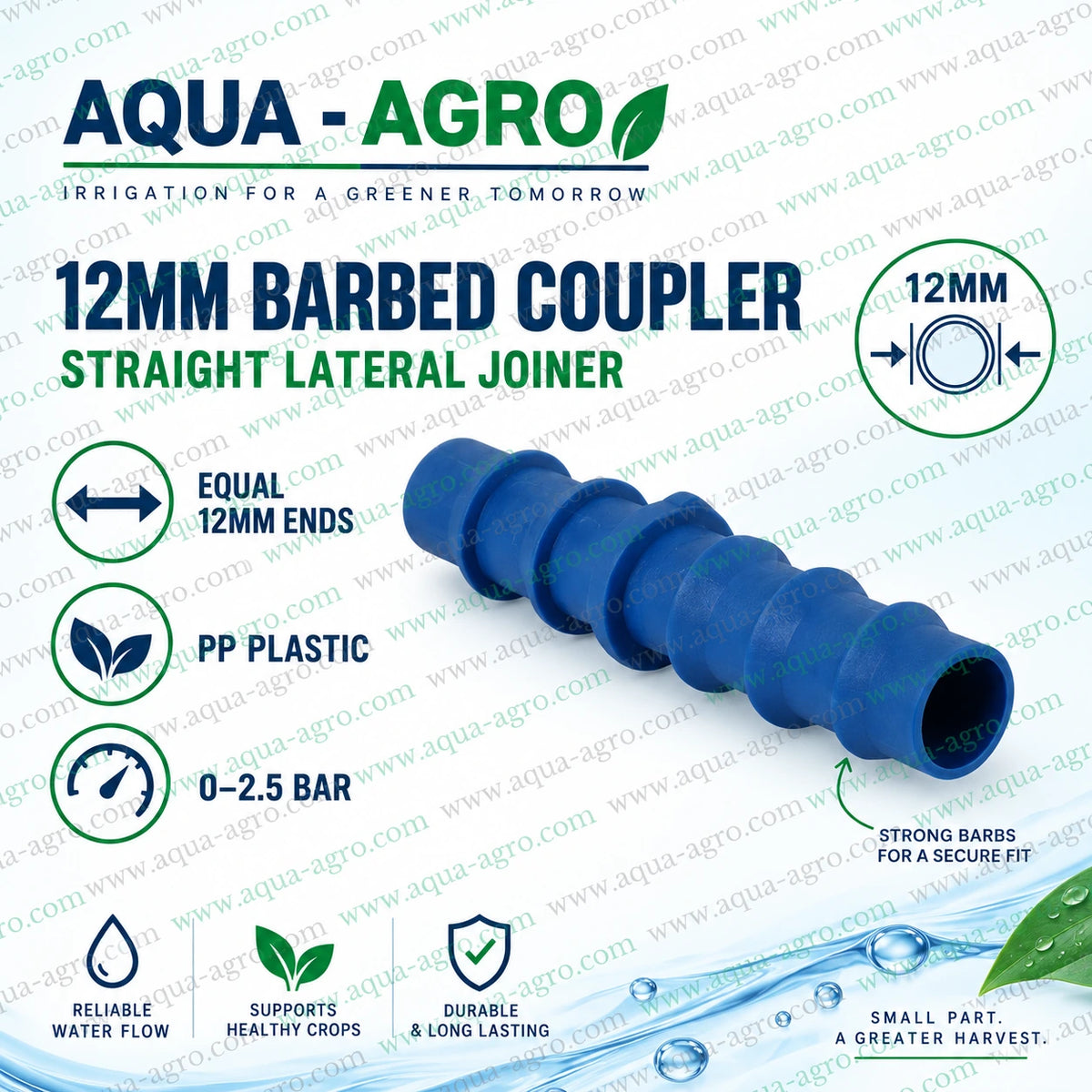 AQUA-AGRO 12mm straight barbed coupler for drip irrigation lateral pipe, PP plastic blue joiner with equal 12mm ends for secure water flow