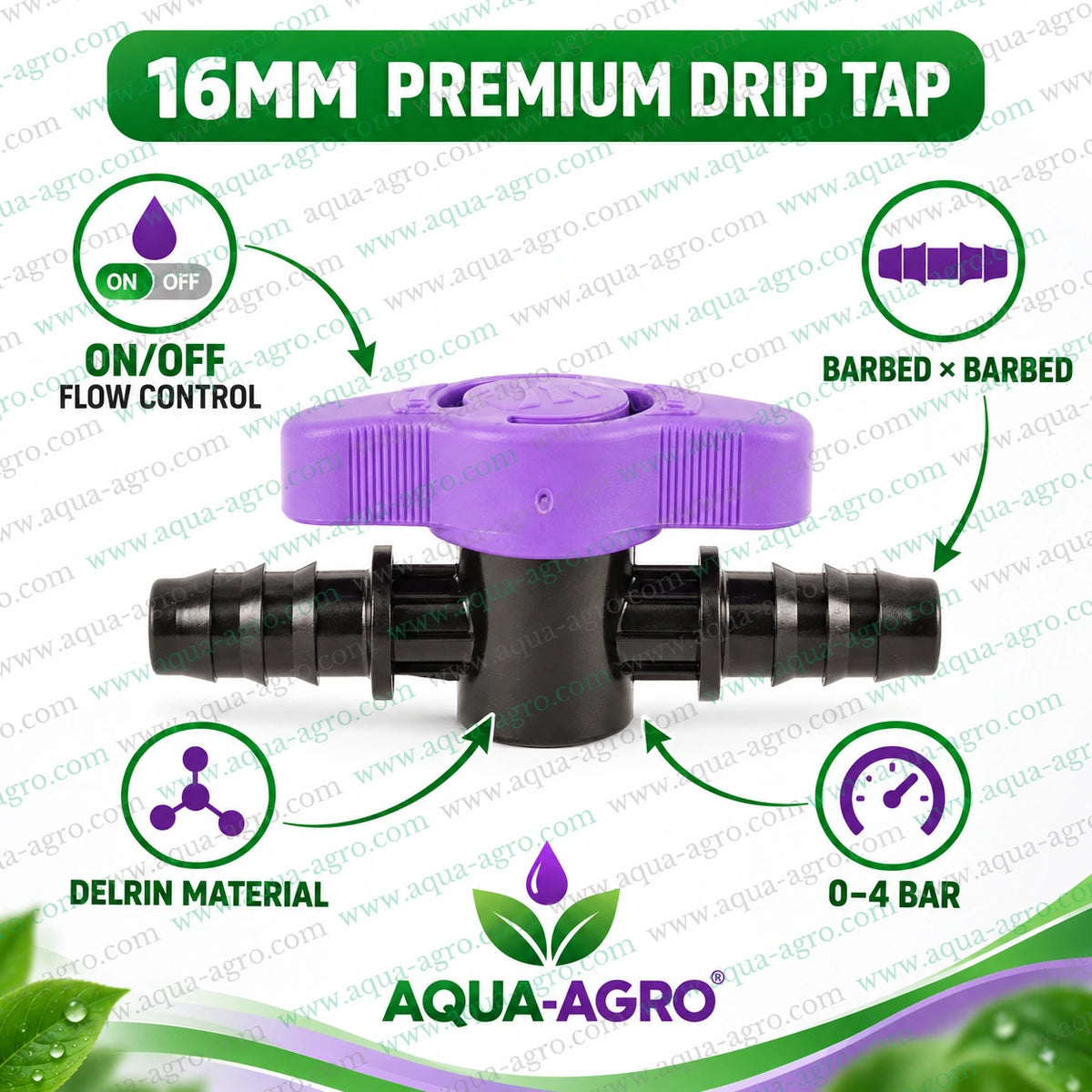 AQUA-AGRO Premium 16mm inline drip irrigation tap with purple wing handle and 16mm barbed inlet and outlet made from durable Delrin material for agricultural and garden irrigation systems