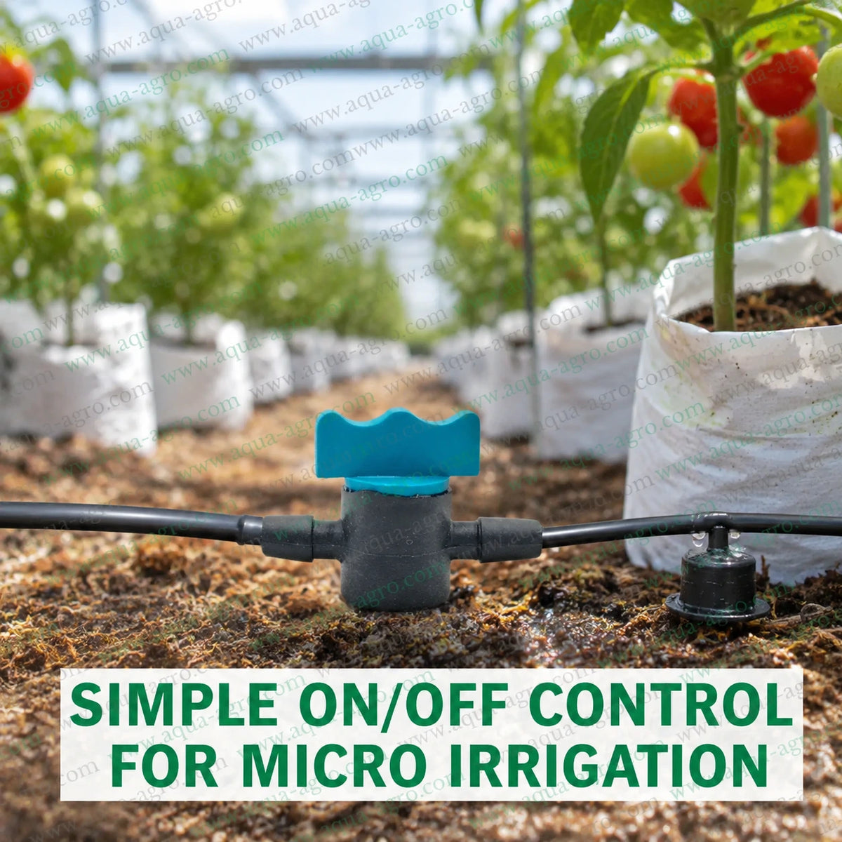 1. AQUA AGRO 4 mm barbed micro tap lifestyle image installed in greenhouse micro irrigation system with simple on off water flow control for drip plants