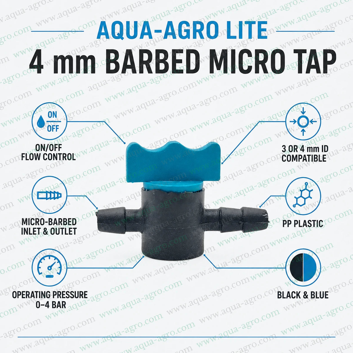 AQUA AGRO Lite 4 mm barbed micro tap PP plastic black product infographic with on off flow control for 3 or 4 mm micro tube drip irrigation