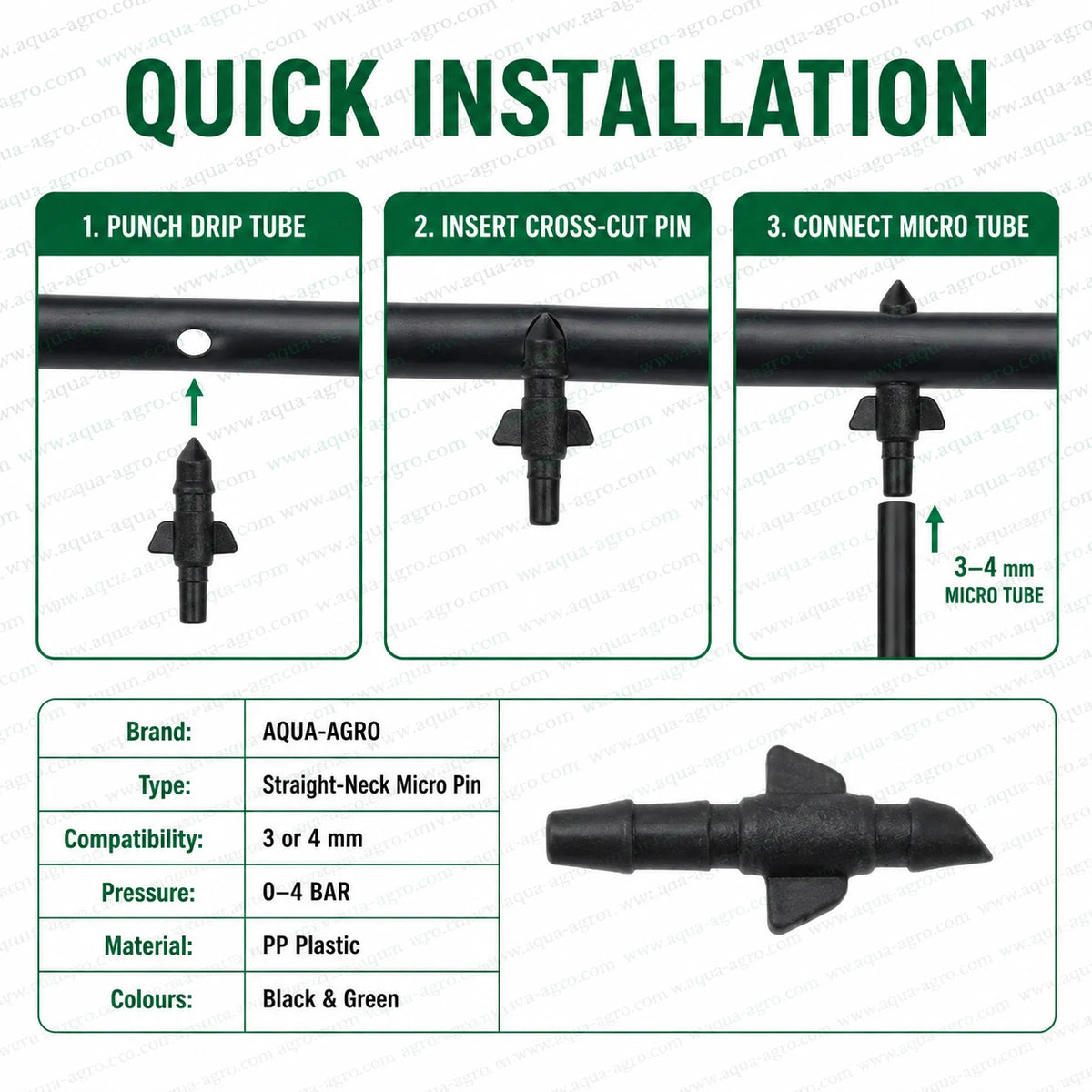 AQUA AGRO straight neck micro pin installation guide showing drip tube punching cross cut pin insertion and 3 mm or 4 mm micro tube connection