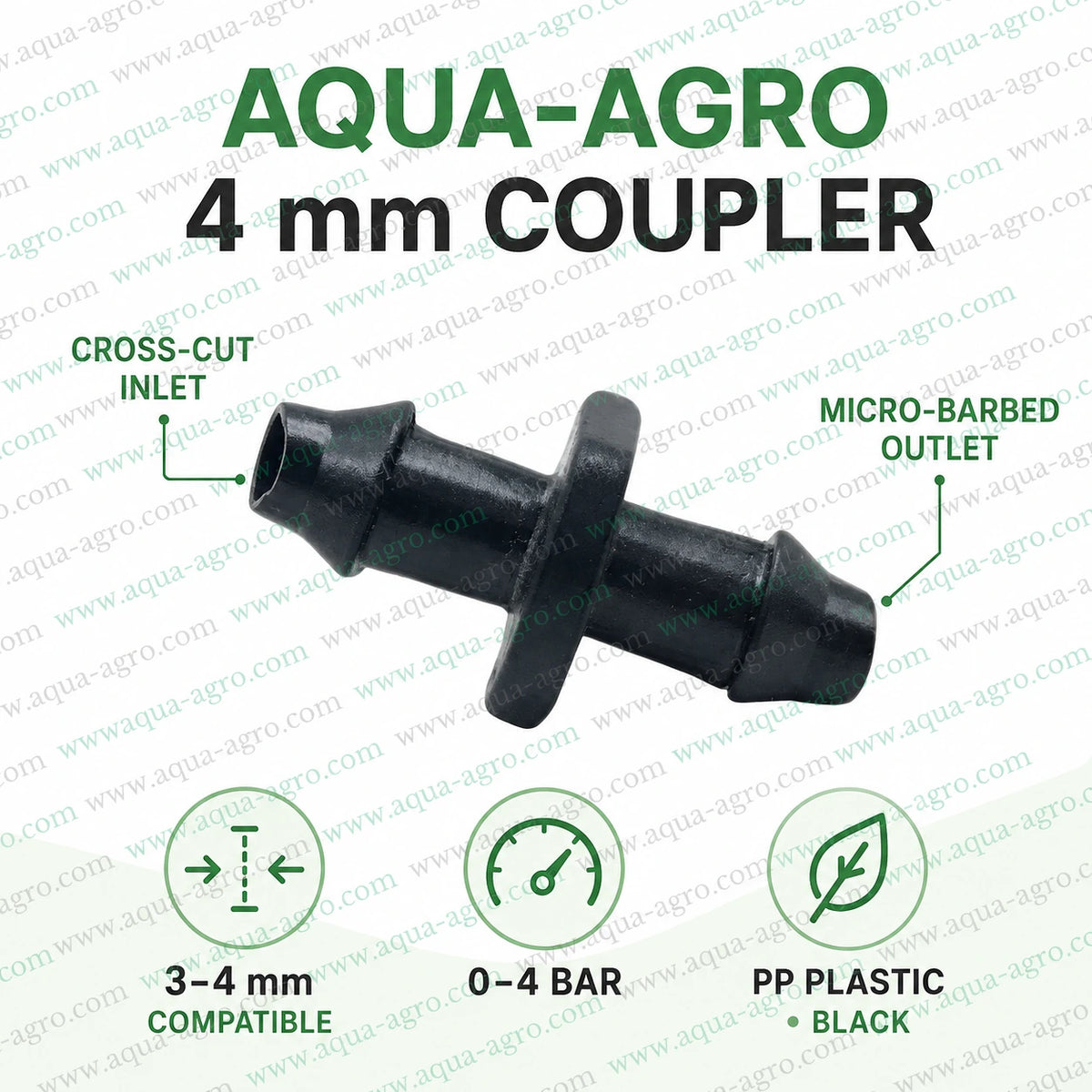 AQUA AGRO 4 mm barbed coupler black Delrin micro fitting with cross cut inlet and micro barbed outlet for 3 mm or 4 mm tube