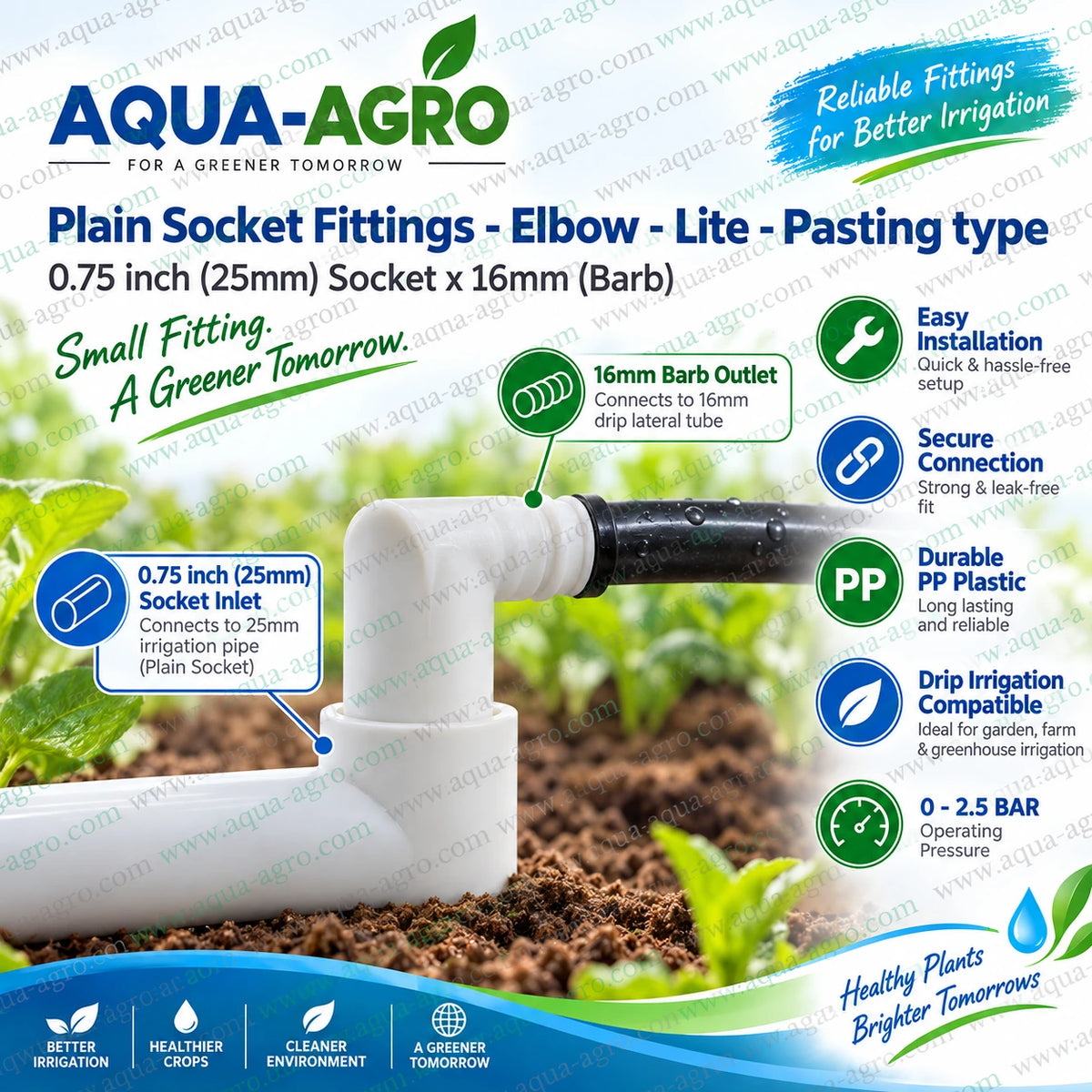 AQUA AGRO 25mm socket x 16mm barbed elbow fitting used in field drip irrigation for secure water pipe connection