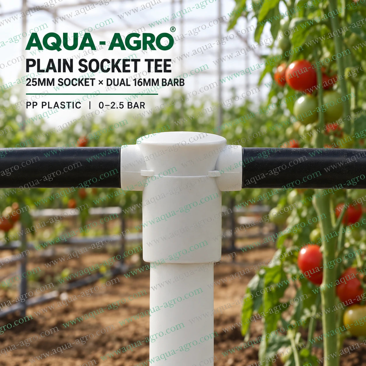 AQUA AGRO 25mm socket x dual 16mm barb tee installed in greenhouse drip irrigation line for reliable crop water distribution