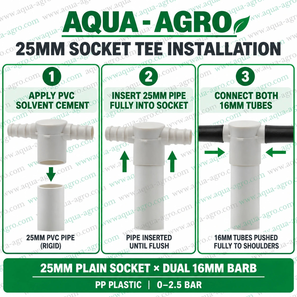 AQUA AGRO 25mm plain socket tee installation with dual 16mm barbed outlets for connecting drip irrigation lateral tubes