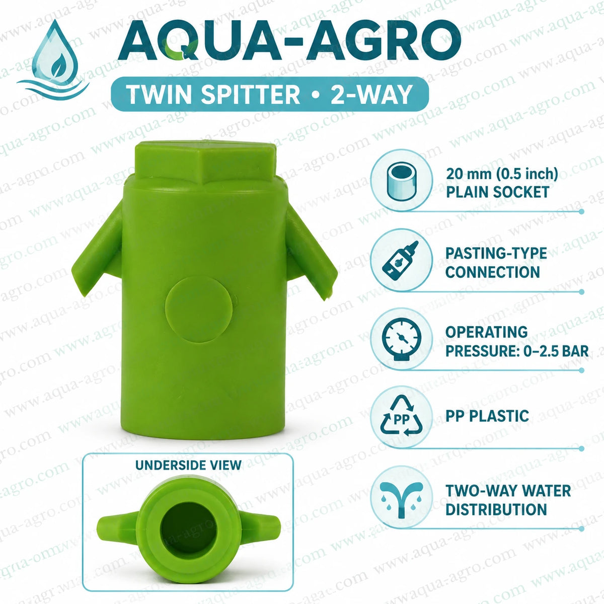 AQUA-AGRO Twin Spitter 2-way 20mm plain socket PP plastic fitting for drip irrigation and two-way water distribution