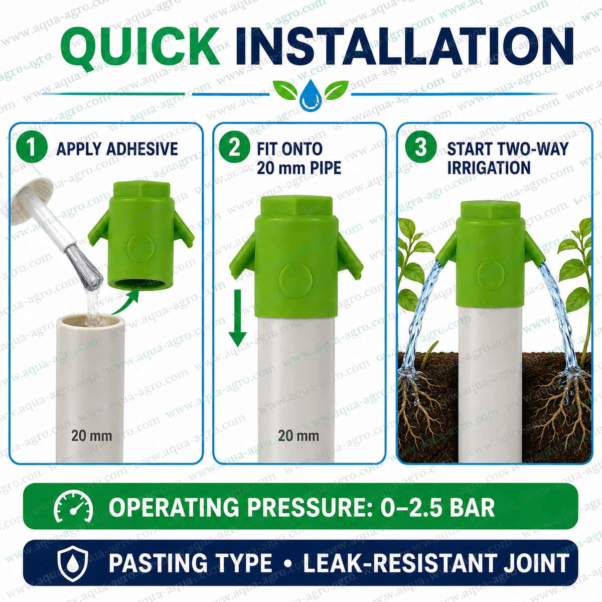 AQUA-AGRO 20mm Twin Spitter two-way irrigation fitting quick installation with pasting type connection and leak-resistant joint