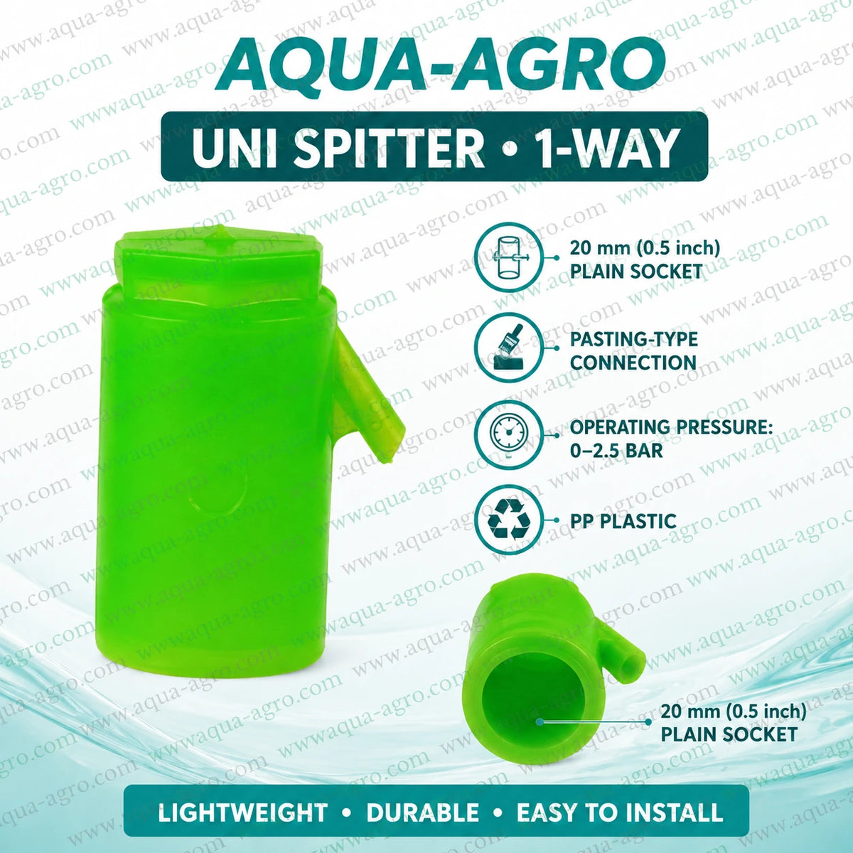 AQUA-AGRO UNI spitter 1-way 0.5 inch 20mm PP plastic plain socket fitting for drip irrigation and garden watering