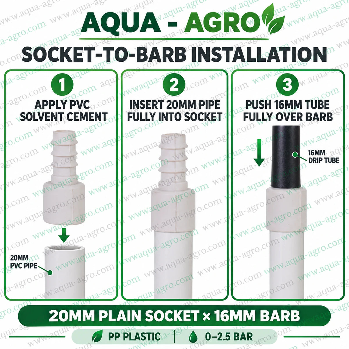 AQUA AGRO socket to barb adaptor installation 20mm socket x 16mm barb PP plastic fitting for drip pipe connection